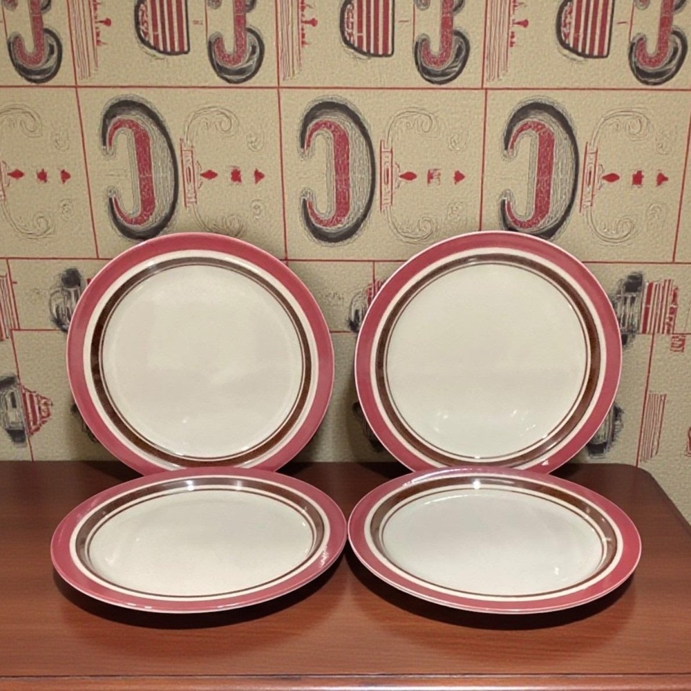 Sango Carousel Stoneware Salad Plates #807, Set of 4, Cranberry & Brown Bands